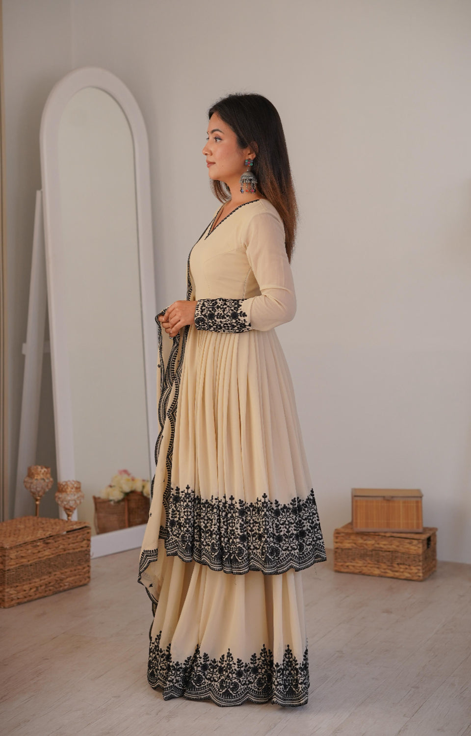 Soft Cream Black Embroidered  Premium Sharara Wear 🖤💎