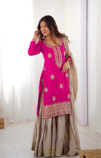 Chinon Silk Sharara Suit with Pearl & Sequence Work