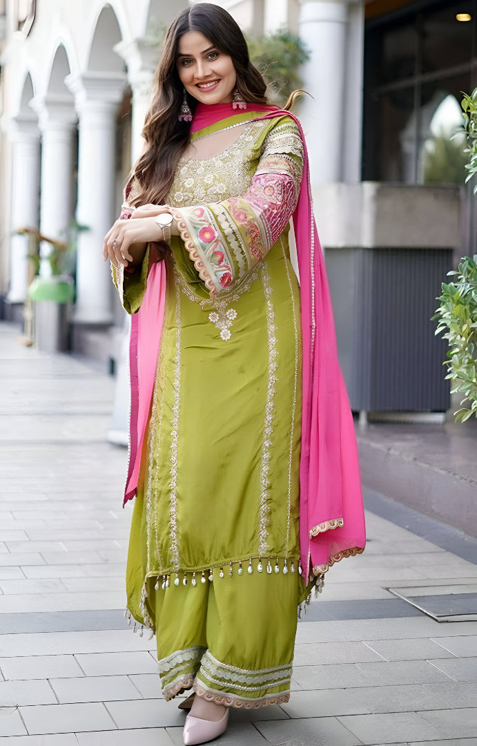 Heavy Embroidered Vichitra Silk Mirror Luxe Set ✨