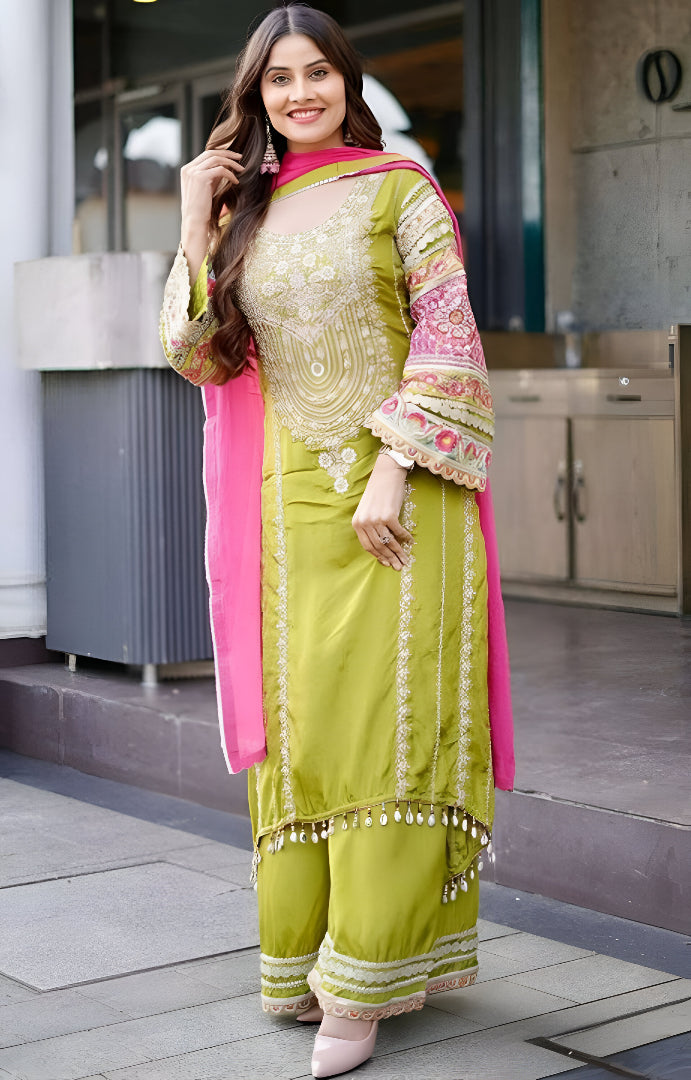 Heavy Embroidered Vichitra Silk Mirror Luxe Set ✨