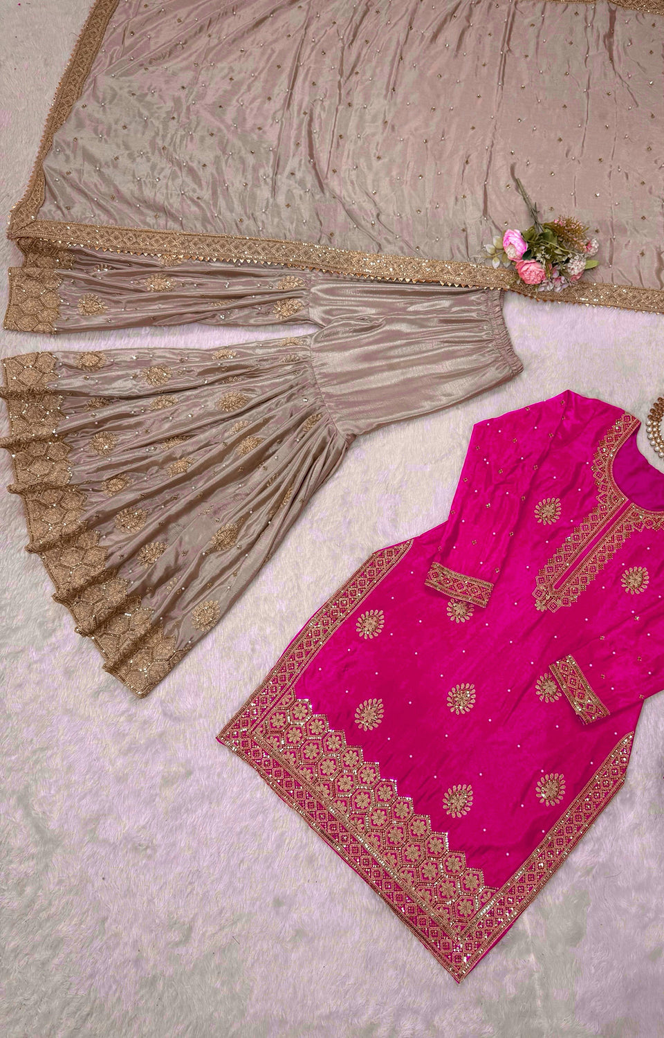 Chinon Silk Sharara Suit with Pearl & Sequence Work
