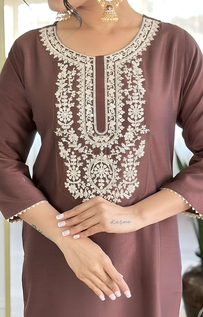 Elegant Brown Embroidered Kurta Set with Dupatta for Women