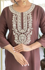 Elegant Brown Embroidered Kurta Set with Dupatta for Women
