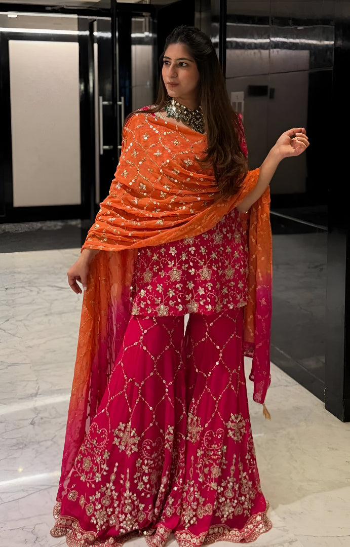 Orange-Red Square Neck Embroidered Kurta Set ❤️‍🔥