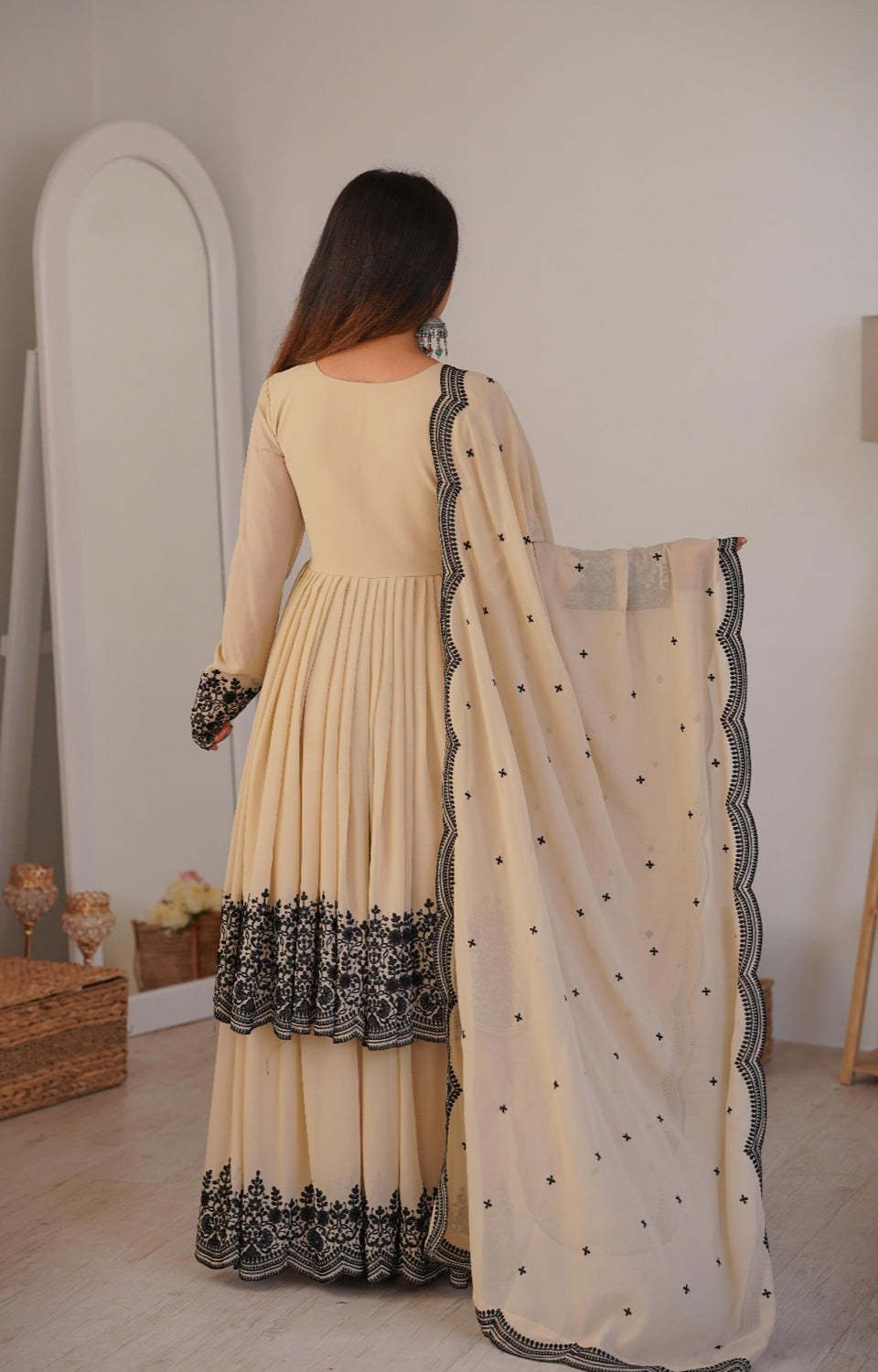 Soft Cream Black Embroidered  Premium Sharara Wear 🖤💎