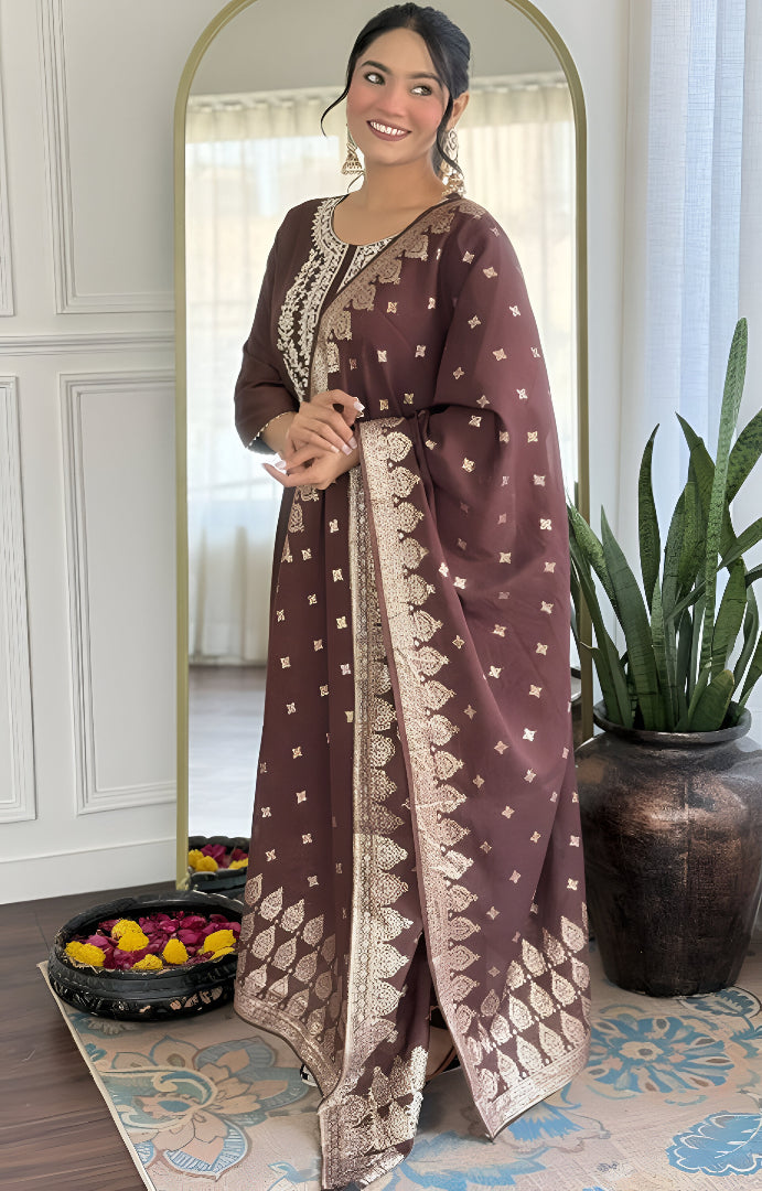 Elegant Brown Embroidered Kurta Set with Dupatta for Women