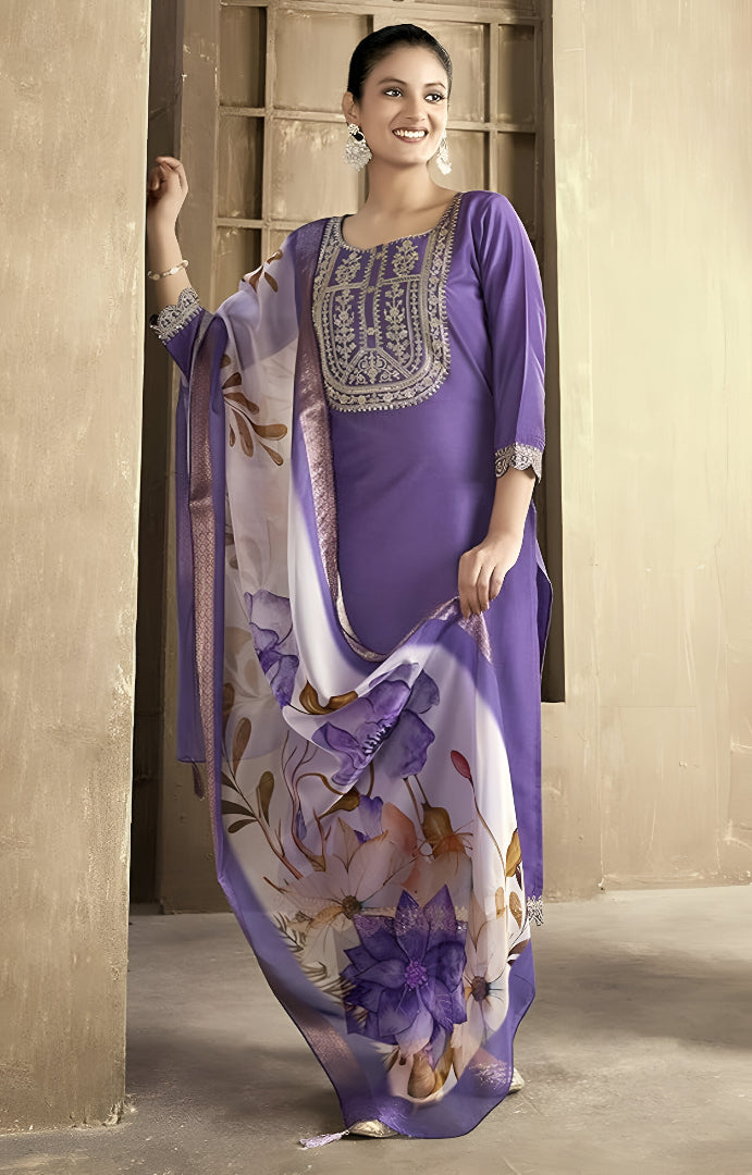 Purple Cotton Sequin Embroidered Kurti Set 💫