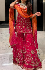 Orange-Red Square Neck Embroidered Kurta Set ❤️‍🔥