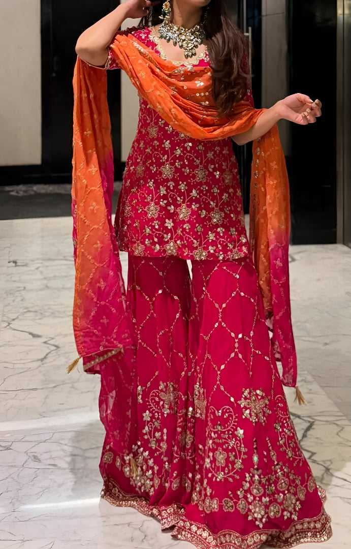 Orange-Red Square Neck Embroidered Kurta Set ❤️‍🔥