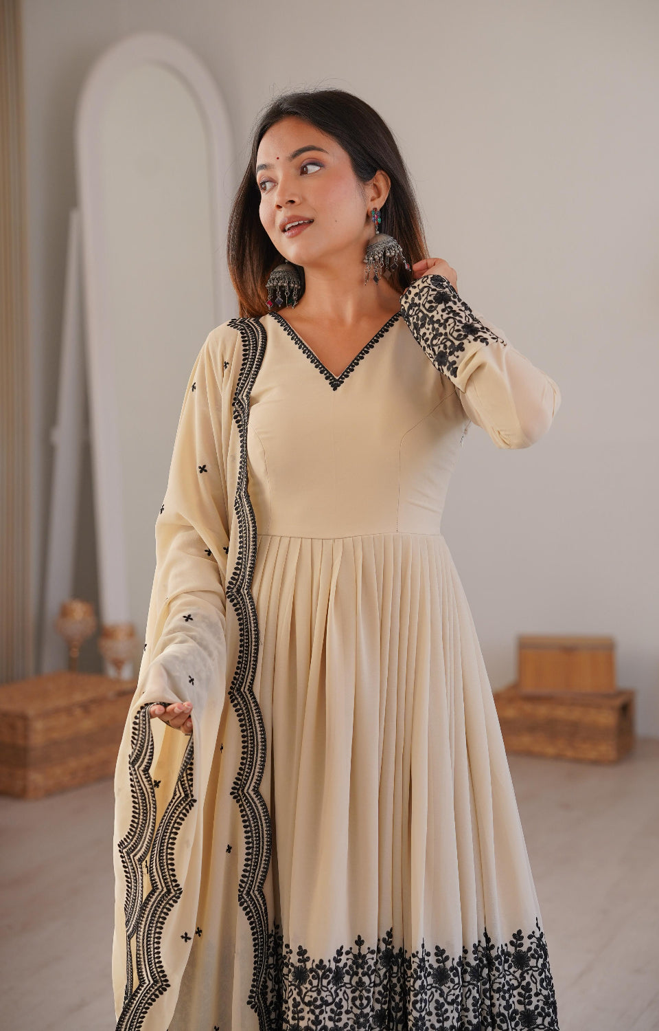 Soft Cream Black Embroidered  Premium Sharara Wear 🖤💎