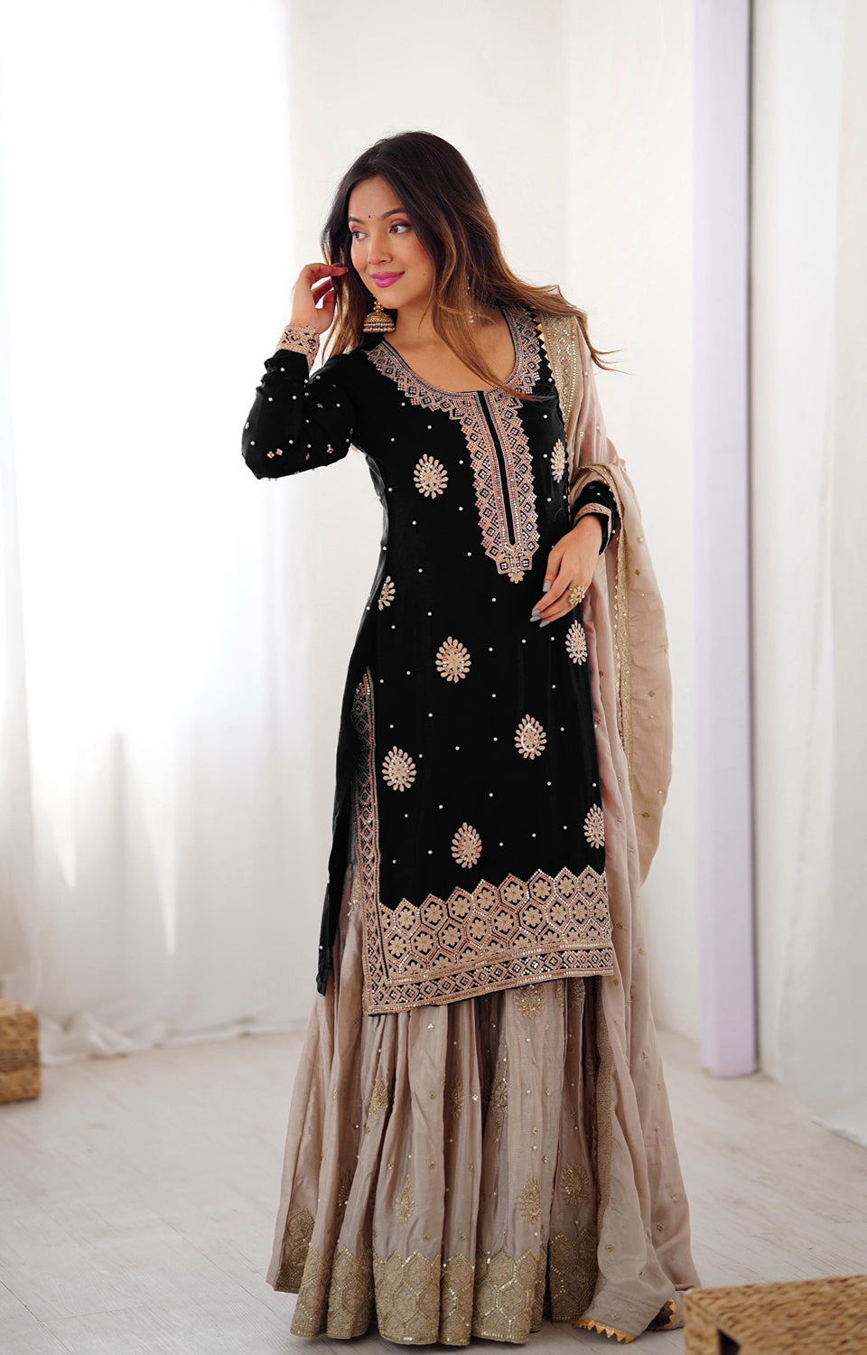 Chinon Silk Sharara Suit with Pearl & Sequence Work