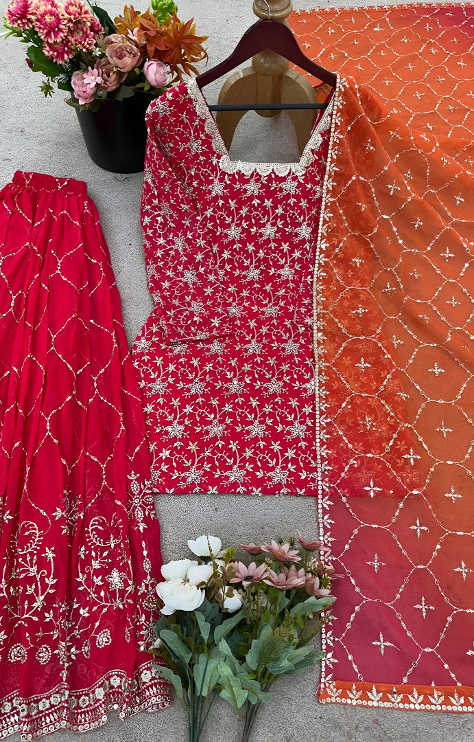 Orange-Red Square Neck Embroidered Kurta Set ❤️‍🔥