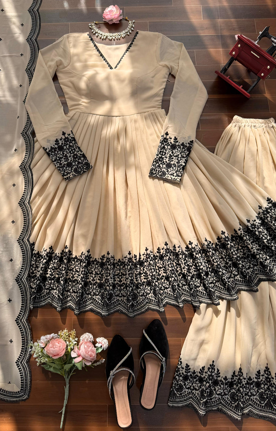 Soft Cream Black Embroidered  Premium Sharara Wear 🖤💎