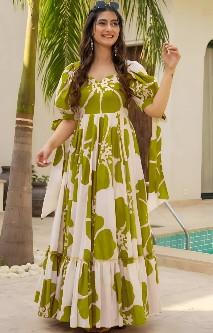 Beautiful Mehandi Floral Print Maxi Dress 🥻