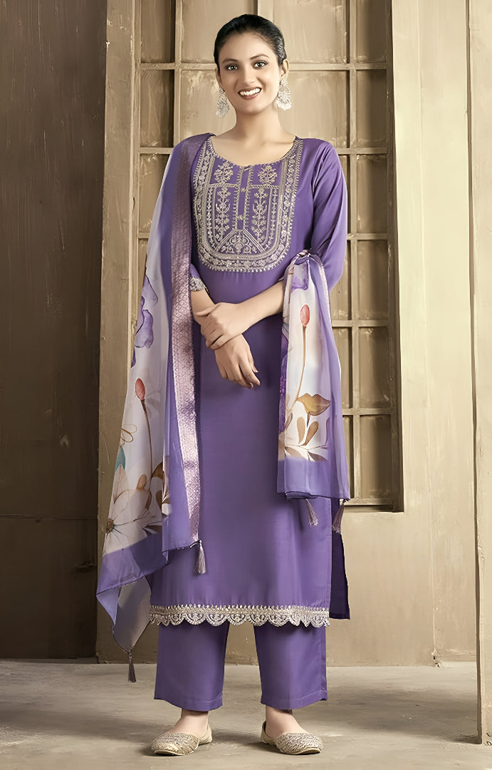 Purple Cotton Sequin Embroidered Kurti Set 💫