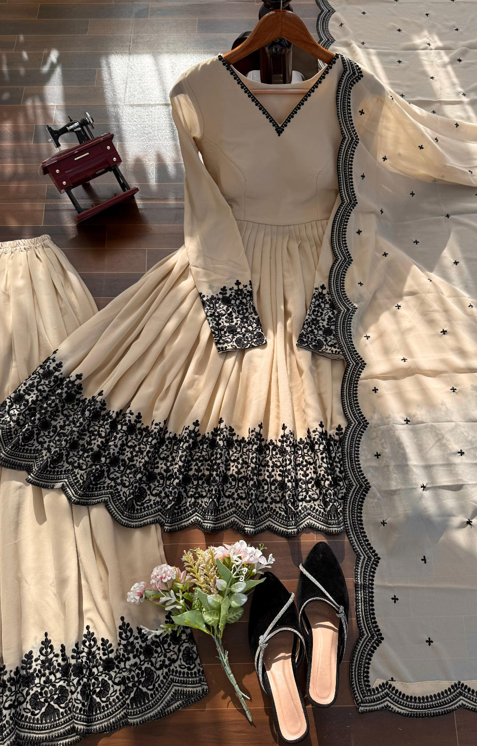 Soft Cream Black Embroidered  Premium Sharara Wear 🖤💎