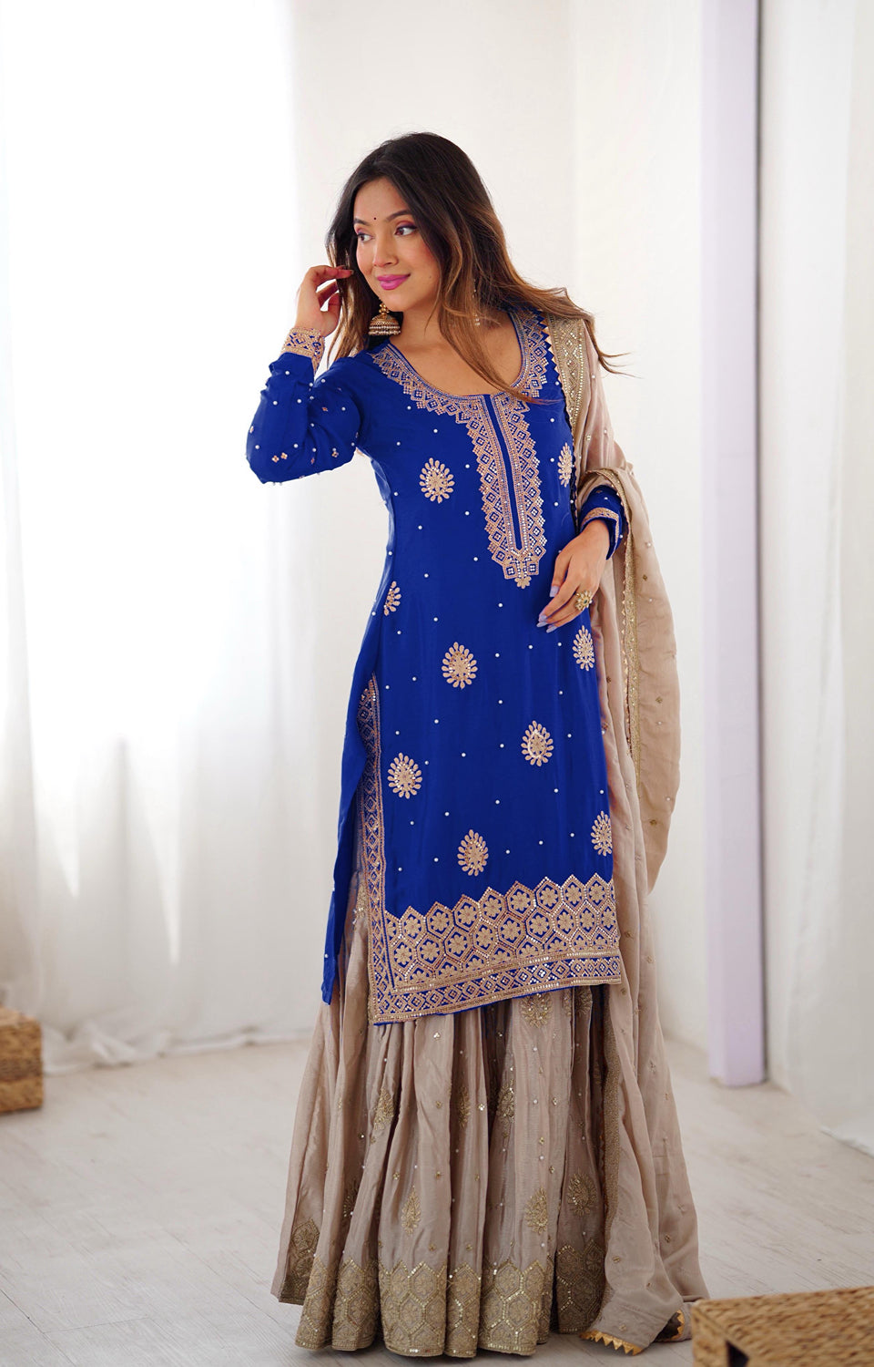 Chinon Silk Sharara Suit with Pearl & Sequence Work