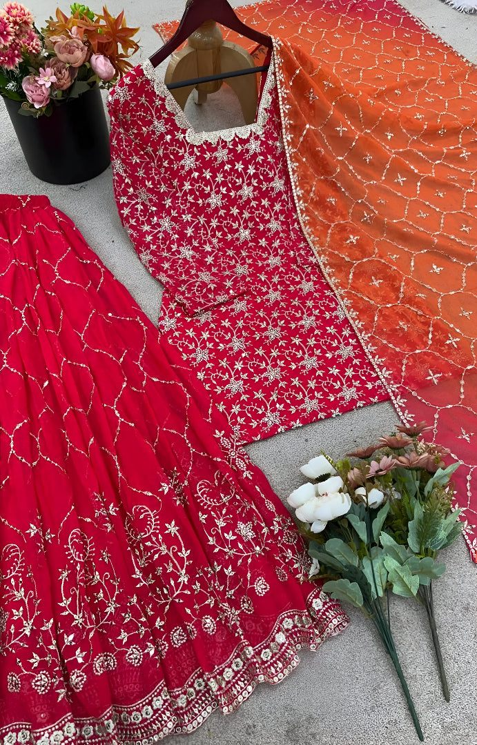 Orange-Red Square Neck Embroidered Kurta Set ❤️‍🔥