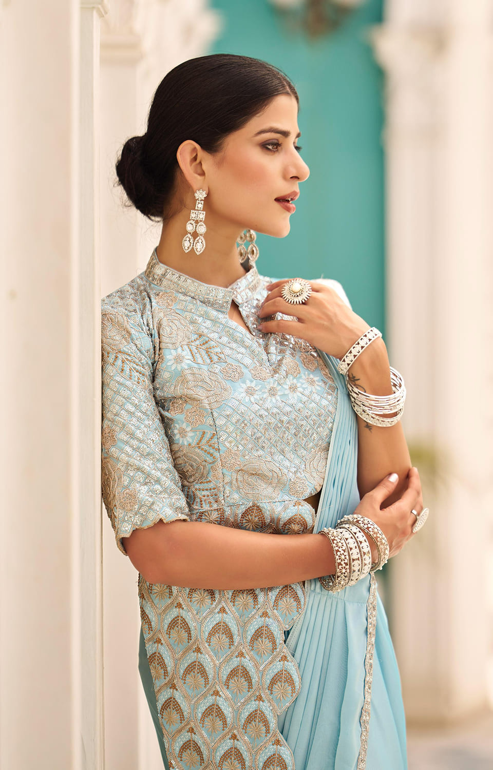 🥻 New Trending Ready-to-Wear Chinon Saree with Fully Embroidered Stylish Blouse 🥻