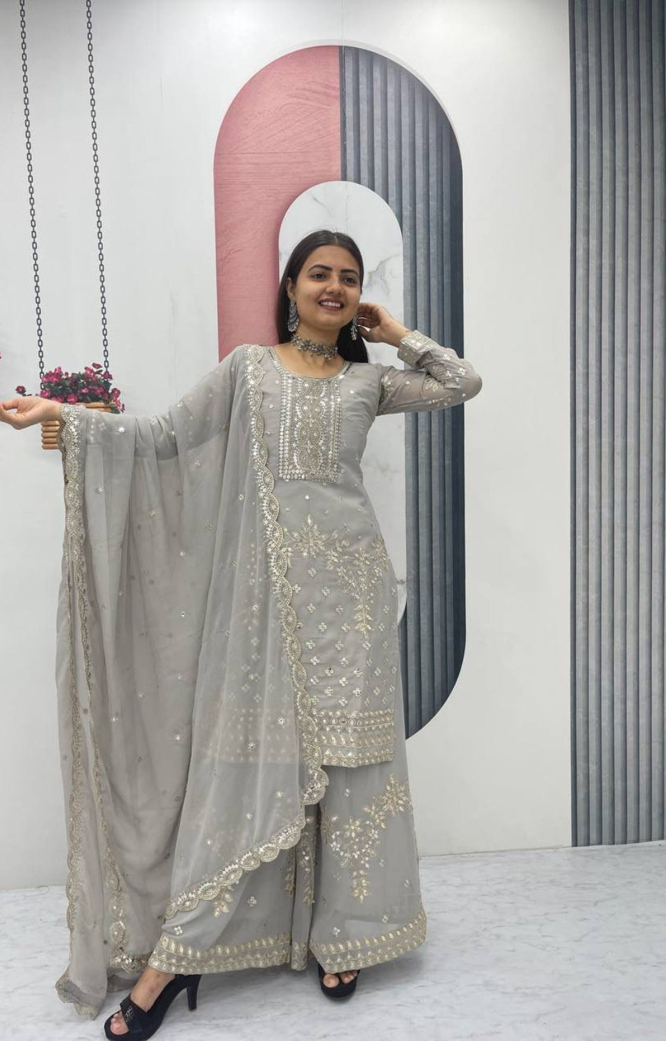 Designer Party Wear Top Plazzo & Dupatta Set👗*