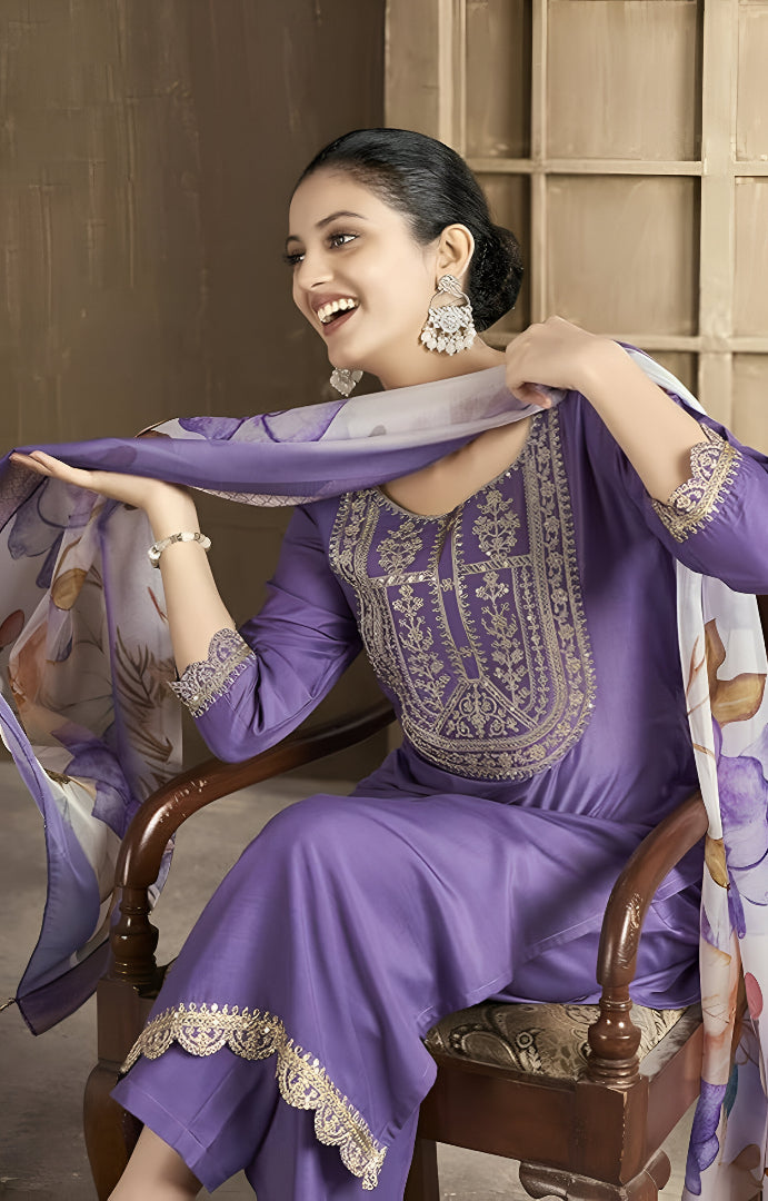 Purple Cotton Sequin Embroidered Kurti Set 💫